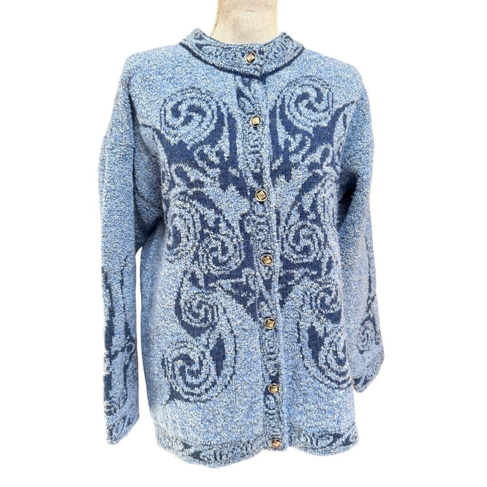 Harley of Scotland Cardigan Blue L Merino Wool Cashmere Scroll Knit Sweater Fall